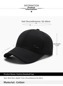 Size specifications of black cotton baseball cap with Fashion metal letter detailing