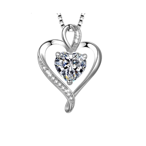 Polished silver heart pendant necklace with shimmering zircon stones and box chain