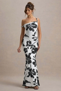 Detailed view of the elegant one-shoulder floral print dress with stylish knotted shoulder strap