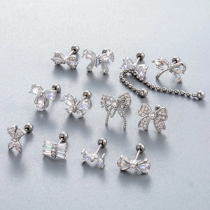 11-piece set of silver bow and butterfly cartilage studs with sparkling cubic zirconia