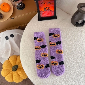 Soft purple coral fleece Halloween socks with pumpkin and bat patterns for women