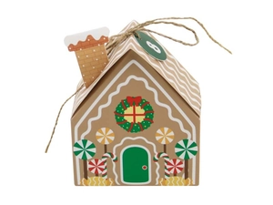 Detailed gingerbread house gift box with festive patterns, jute twine and number 8 tag