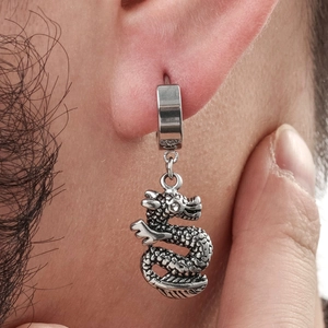 Men's silver stainless steel hoop earring featuring a detailed dragon charm dangle
