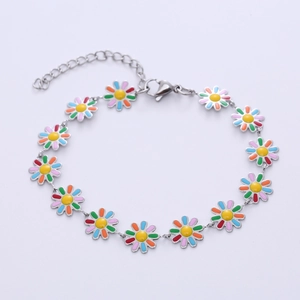Detail of colorful enamel daisy bracelet with silver adjustable lobster clasp chain
