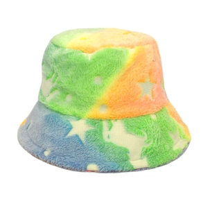 Detail of plush tie-dye bucket hat with rainbow gradient and embossed star patterns