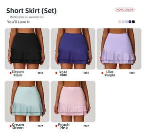 Detail showcasing pleated tennis skirt set in five colors including black, blue, and pink