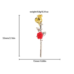 Detailed size chart of a red rose brooch with dimensions of 55mm height and 15mm width