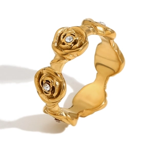 18K gold plated stainless steel geometric rose ring with shimmering zircon stones