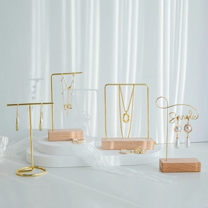 Gold Plated Iron Jewelry Display Stand Beech Wood Base Nordic Minimalist Necklace Earring Ring Holder Photography Props