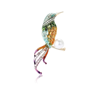 Exquisite enamel bird brooch with colorful crystals and pearl on gold finish