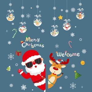 Cartoon Christmas wall sticker featuring Santa Claus, reindeer, and snowflakes on blue background