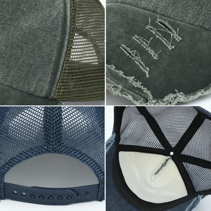 Gedetailleerde weergave van verwassen katoenen mesh truckerpet met distressed look