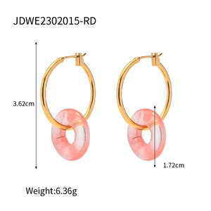 Detailed size view of gold hoop earrings with pink crystal donut pendants and dimensions