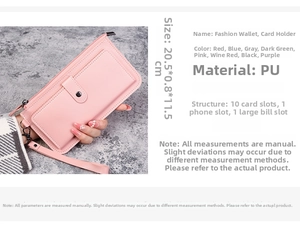 Pink PU leather long wallet detail showing size 20.5x0.8x11.5cm with internal slots