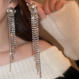 Elegant silver tassel earrings with imitation pearls and sparkling zircon fringe dangles