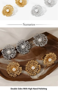 Macro view of daisy flower jewelry set with pearls on brown ceramic and white silk