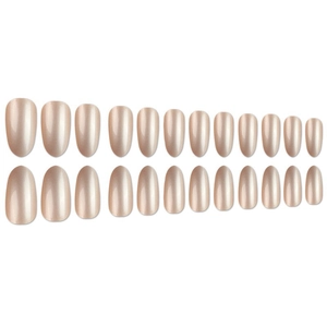 Champagne pearl almond press-on nail set with 24 pieces of various sizes on white backdrop