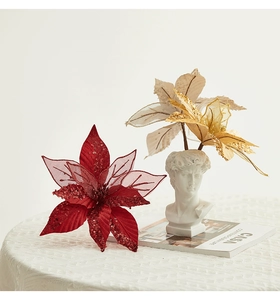Detailed view of dark red poinsettia Christmas flower with sparkling gold sequins