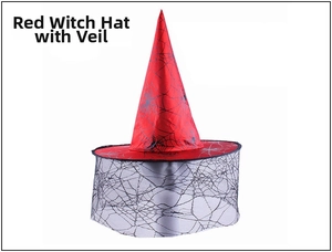 Detail of red witch hat with black spider web patterns and fine grey mesh veil decor