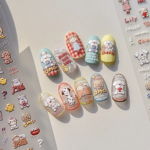Adesivi per unghie 3D a rilievo con cuccioli e ragazze per nail art creativa fai-da-te