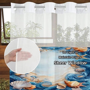 Sheer beach theme shower curtain with starfish print and grommet top for bathroom