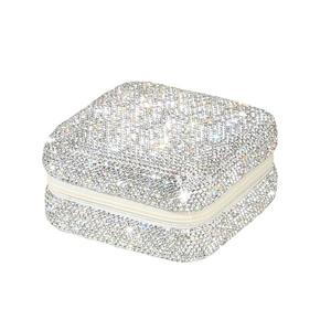 Elegant square silver rhinestone jewelry box with white zipper for rings and necklaces