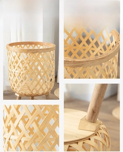 Detailed view of Nordic woven plant stand showing intricate bamboo texture and wooden legs