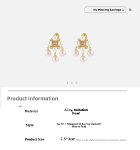 Detailed view of pink square gems and white pearls on gold earrings with dimensions