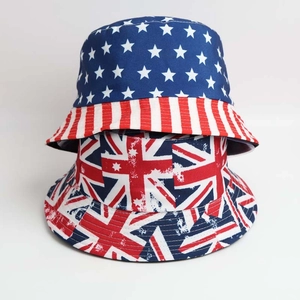 Detailed view of bucket hats featuring American and British flag patterns in red, white and blue