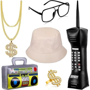 6-piece 90s hip hop costume set with gold chain, bucket hat, sunglasses and props
