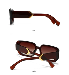 Detail view of square sunglasses featuring golden V-shaped temple accents and side profile