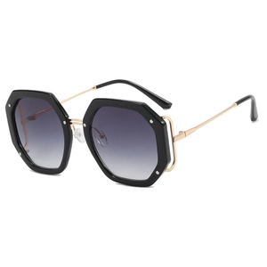 Polished oversized octagonal sunglasses with black frame and golden rivet accents