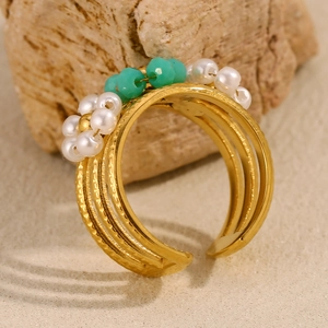 Bague ouverte bohème en acier inoxydable doré 18K avec perles et perles turquoise