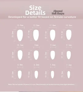 Size chart showing 24 pieces of almond press-on nails in 12 various dimensions