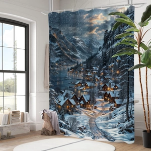Détail d'un rideau de douche 3D avec village de montagne enneigé dans une salle de bain
