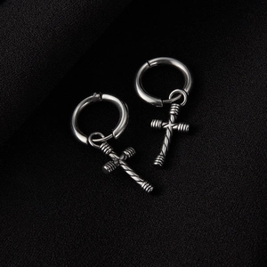 Vintage stainless steel cross dangle hoop earrings for men in polished silver finish