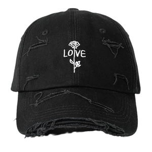 Black distressed baseball cap with embroidered rose and LOVE text for outdoor sun protection