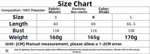 Detailed size chart for khaki sleeveless vest with measurements in cm for sizes S to L