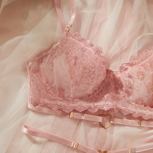 Pink sexy lace lingerie set with floral embroidery and golden heart-shaped buckles
