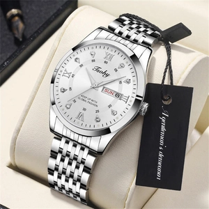Close-up of Isohy quartz watch with white Roman dial and silver stainless steel strap