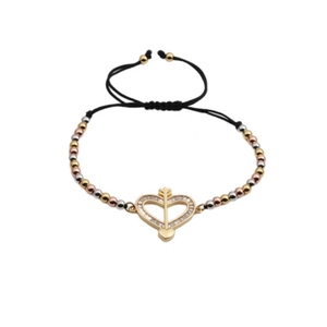 Adjustable heart and arrow charm bracelet with tri-color beads and black woven cord