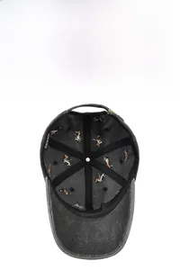 Detailed interior of a charcoal washed cotton baseball cap with puppy embroidery