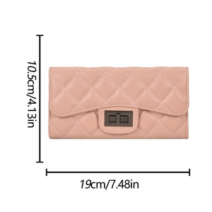 Detailed view of pink quilted wallet with twist lock and dimensions 19cm by 10.5cm