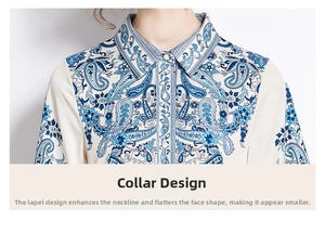 Détail du col à revers royal et de l'imprimé cachemire bleu sur la robe blanche