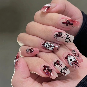 Coffin Press On Nails Deep Red Goth Dark Style Rabbit Heart Cross Pattern Detachable Sweet Cool Fake Nails For Women