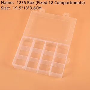 Detail view of 12-compartment clear plastic storage box with dimensions 19.5x13x3.6cm