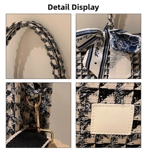 Detail view of plaid tote bag featuring woven handle, silk scarf and gold hardware