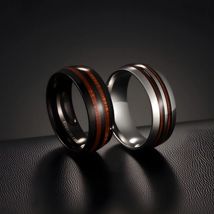 Men's 304 stainless steel rings with wood inlay in black and silver finishes