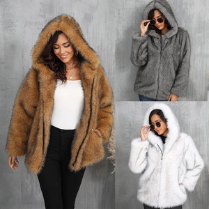 Manteau En Fausse Fourrure Femme Veste À Capuche Zippée Épais Chaud Couleur Unie Manches Longues Décontracté