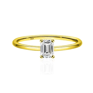 Classic S925 silver emerald cut moissanite ring with polished golden finish and reflection